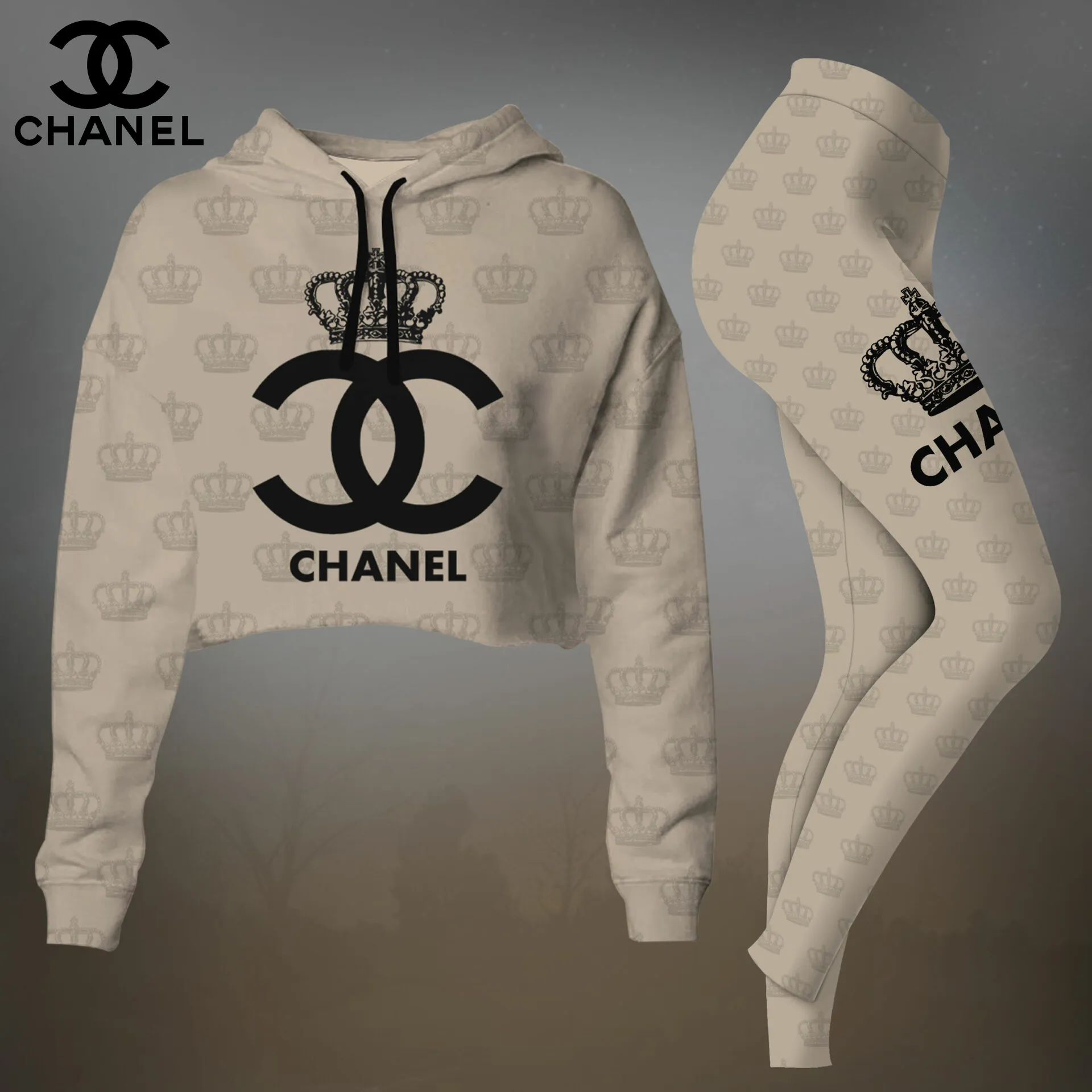 Chanel Womens Cropped Hoodie And Leggings Set  Pink Floral CC Logo Pattern