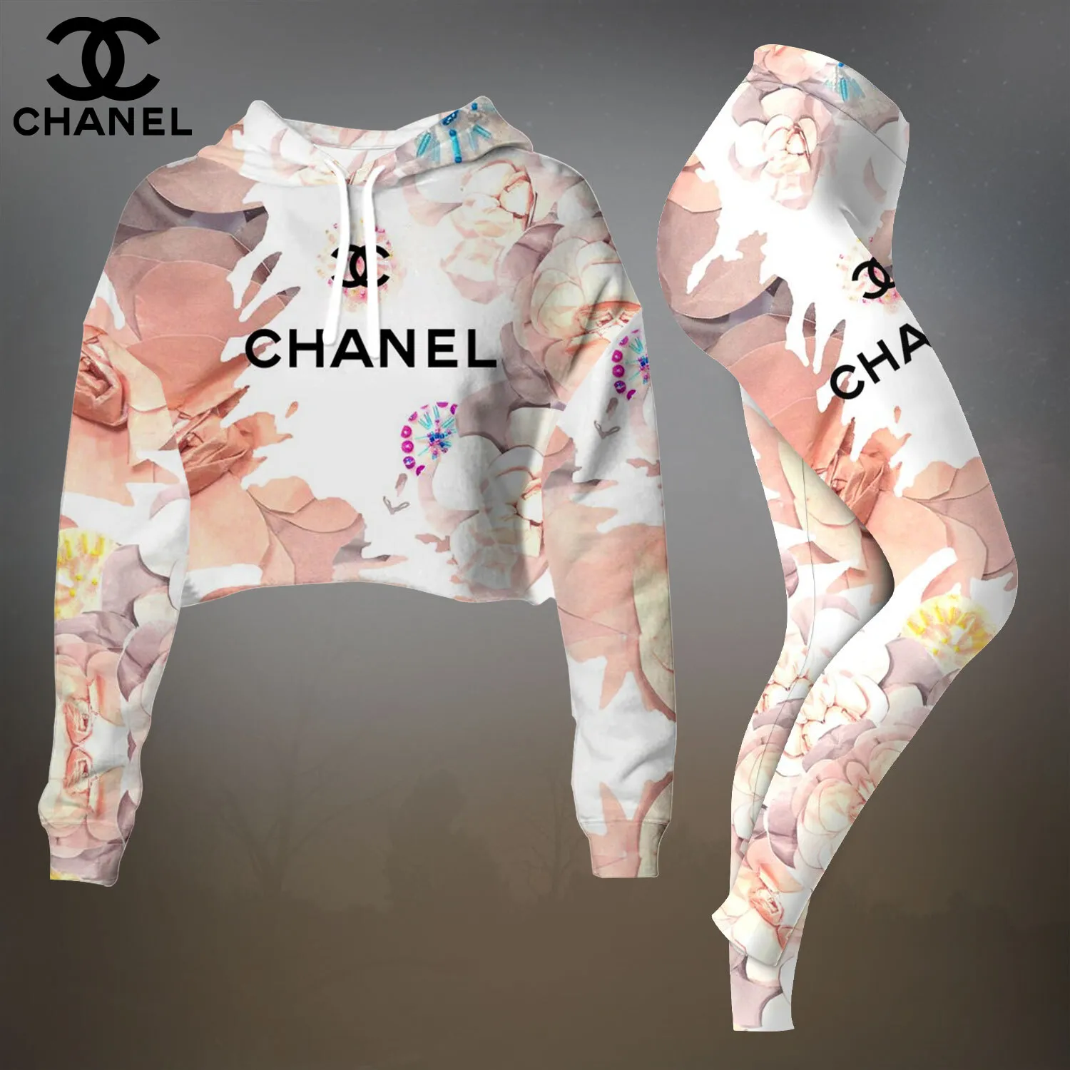 Chanel Womens Cropped Hoodie And Leggings Set Floral CC Logo