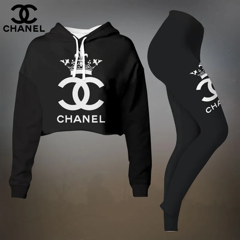 Chanel Womens Cropped Hoodie And Leggings Set  Black Oversized CC Logo Design