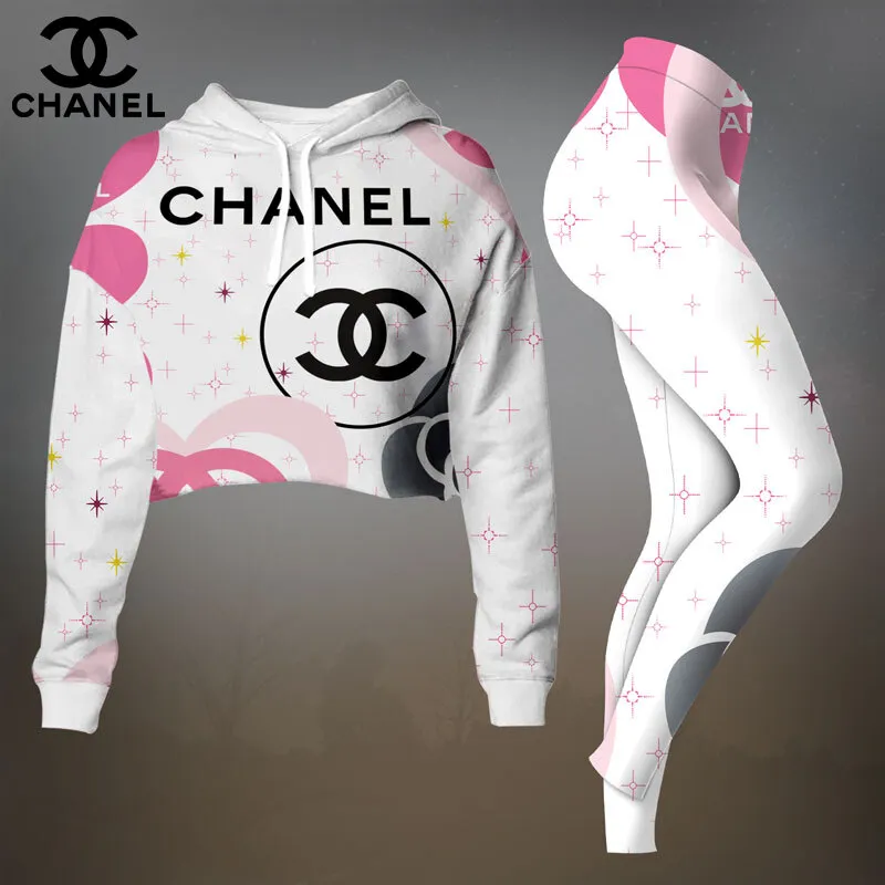 Chanel Womens Cropped Hoodie And Leggings Set  White And Pink CC Logo Art Pattern