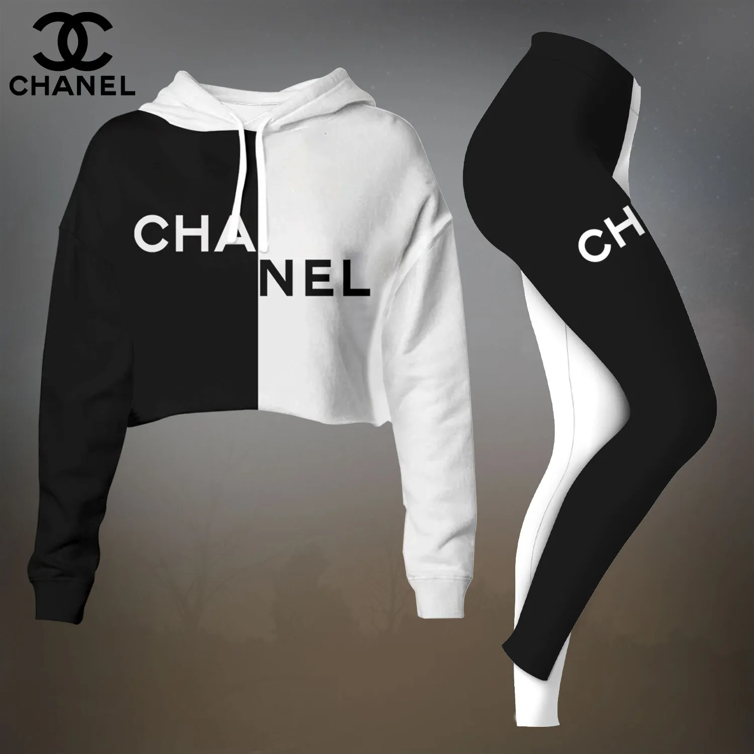 Chanel Womens Cropped Hoodie And Leggings Set  Black And White Half Split CC Logo