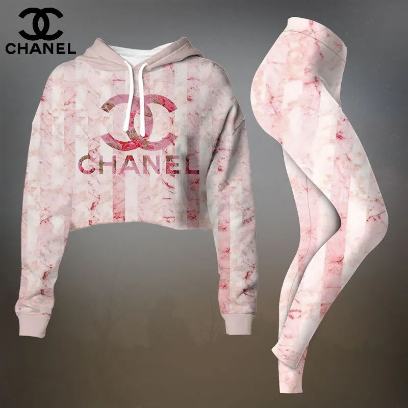 Chanel Womens Cropped Hoodie And Leggings Set  White And Pink Pastel Floral CC Logo