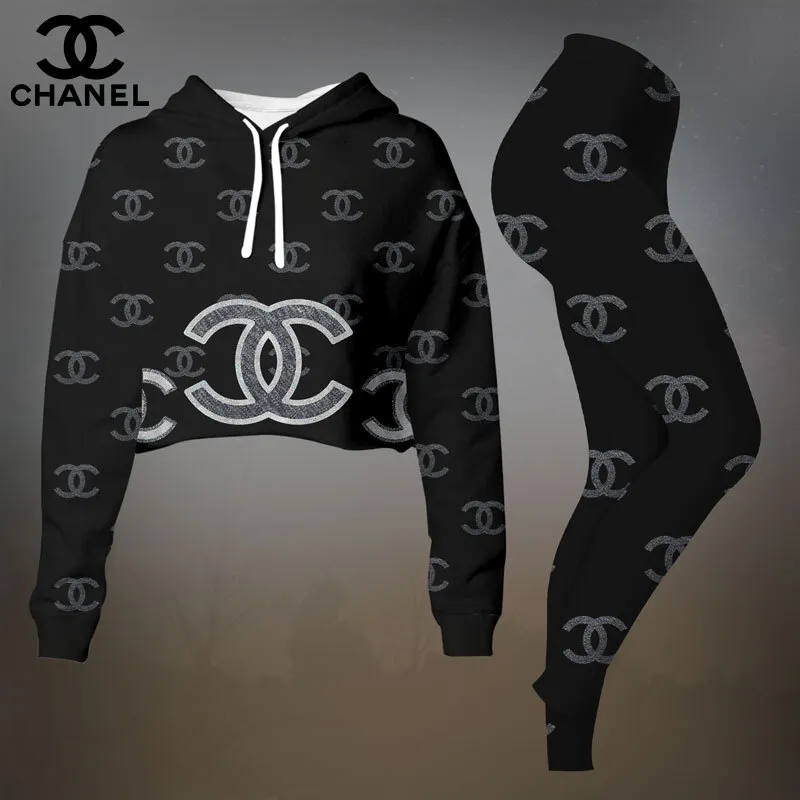 Chanel Womens Cropped Hoodie And Leggings Set  Black Allover CC Logo Pattern