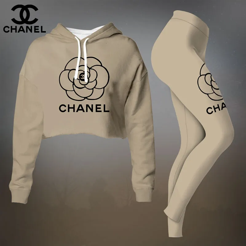Chanel Womens Cropped Hoodie And Leggings Set  Beige Minimalist CC Logo
