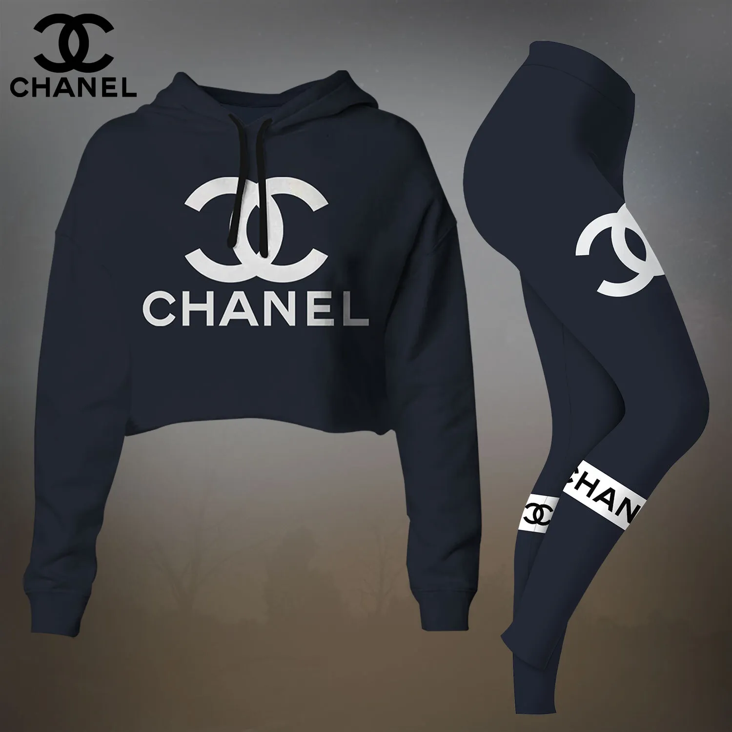 Chanel Womens Cropped Hoodie And Leggings Set  Navy Blue Minimalist CC Logo