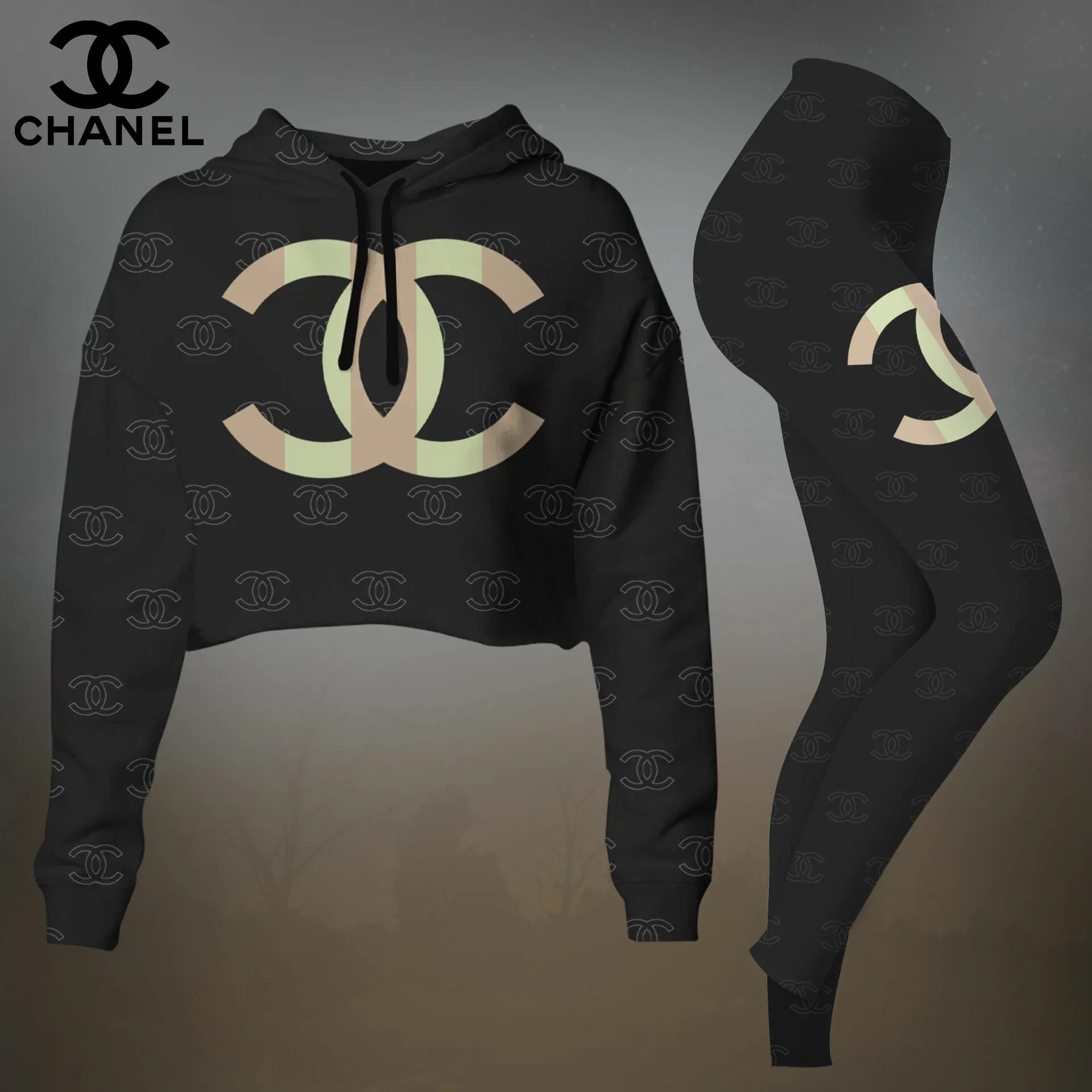 Chanel Womens Cropped Hoodie And Leggings Set  Black And Gold Oversized CC Logo
