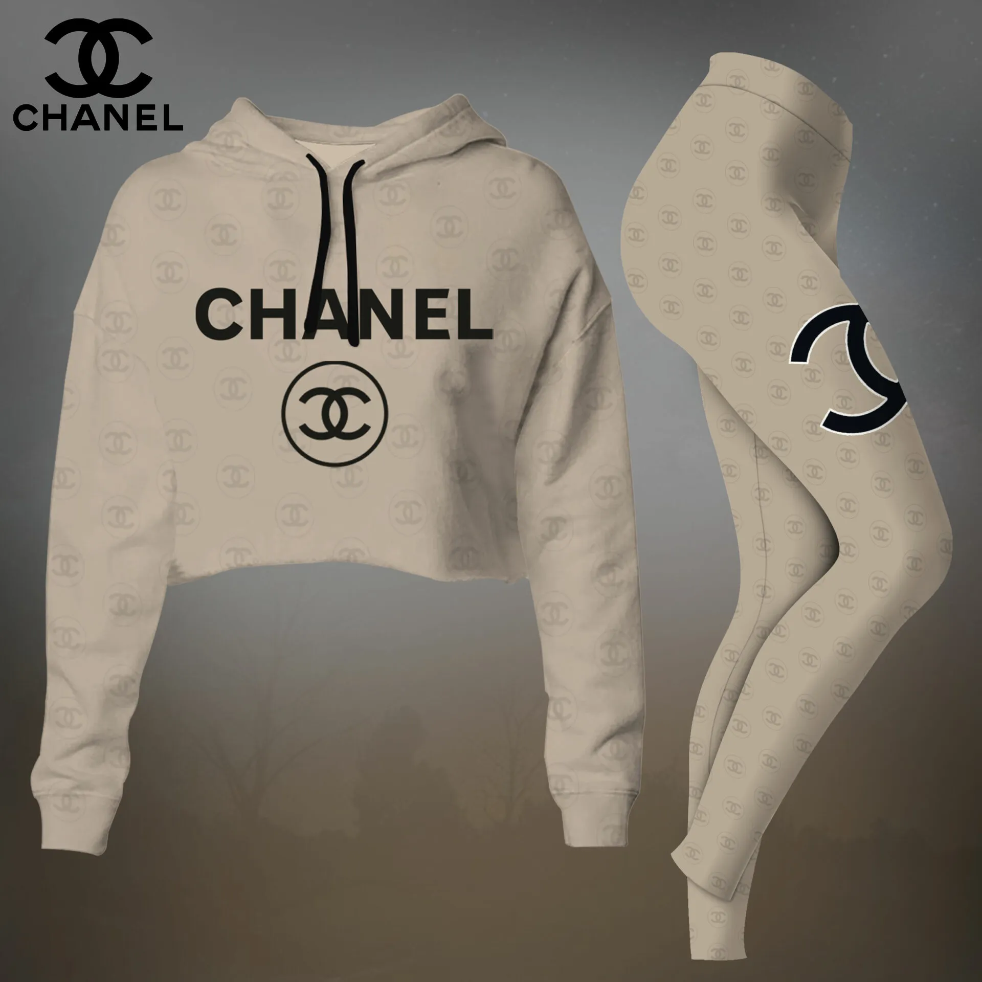 Chanel Womens Cropped Hoodie And Leggings Set  Beige Minimal CC Logo Outline