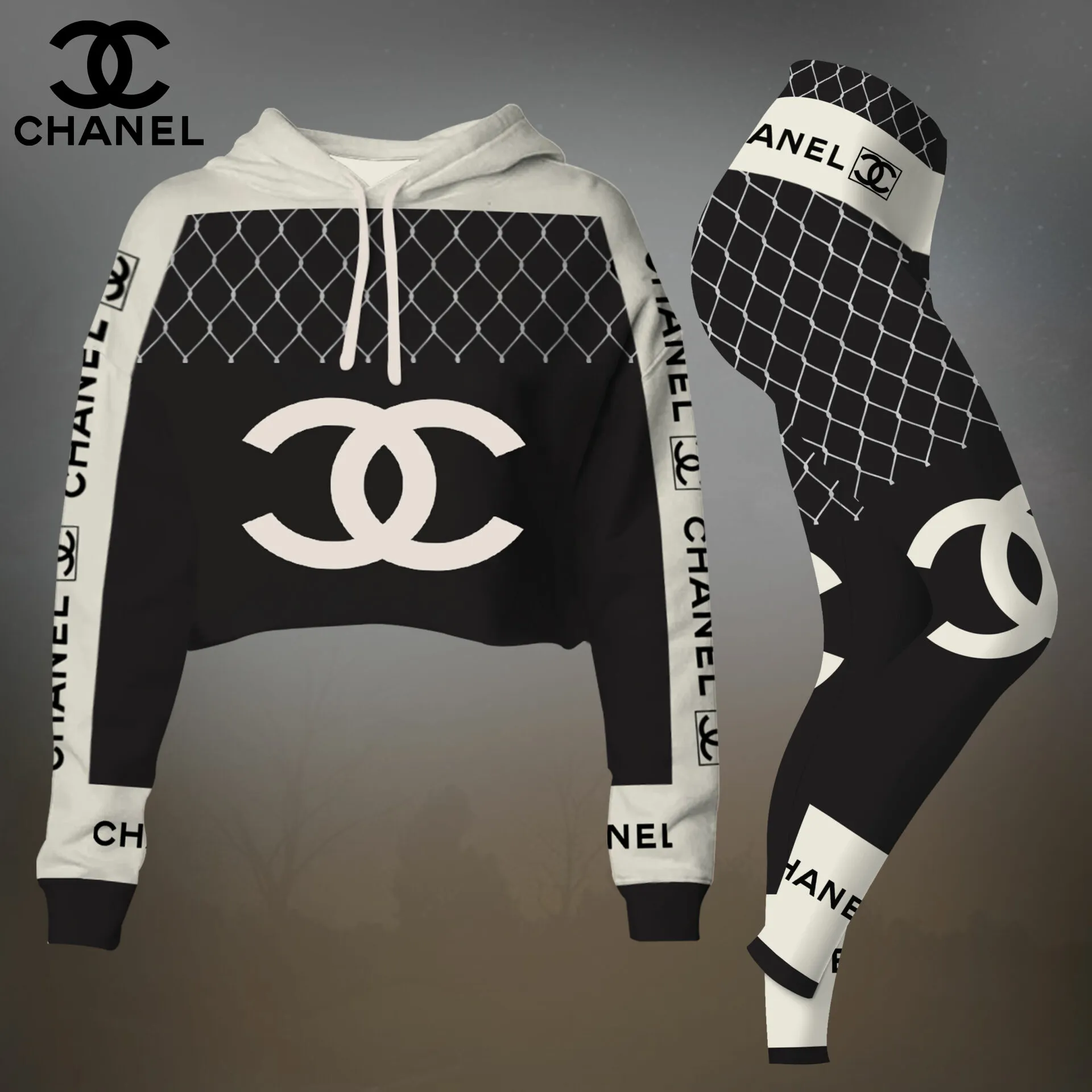 Chanel Womens Cropped Hoodie And Leggings Set  Black And White Quilted CC Logo