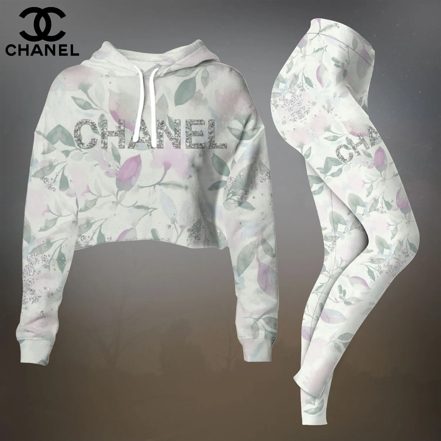Chanel Womens Cropped Hoodie And Leggings Set  White And Green Floral CC Logo