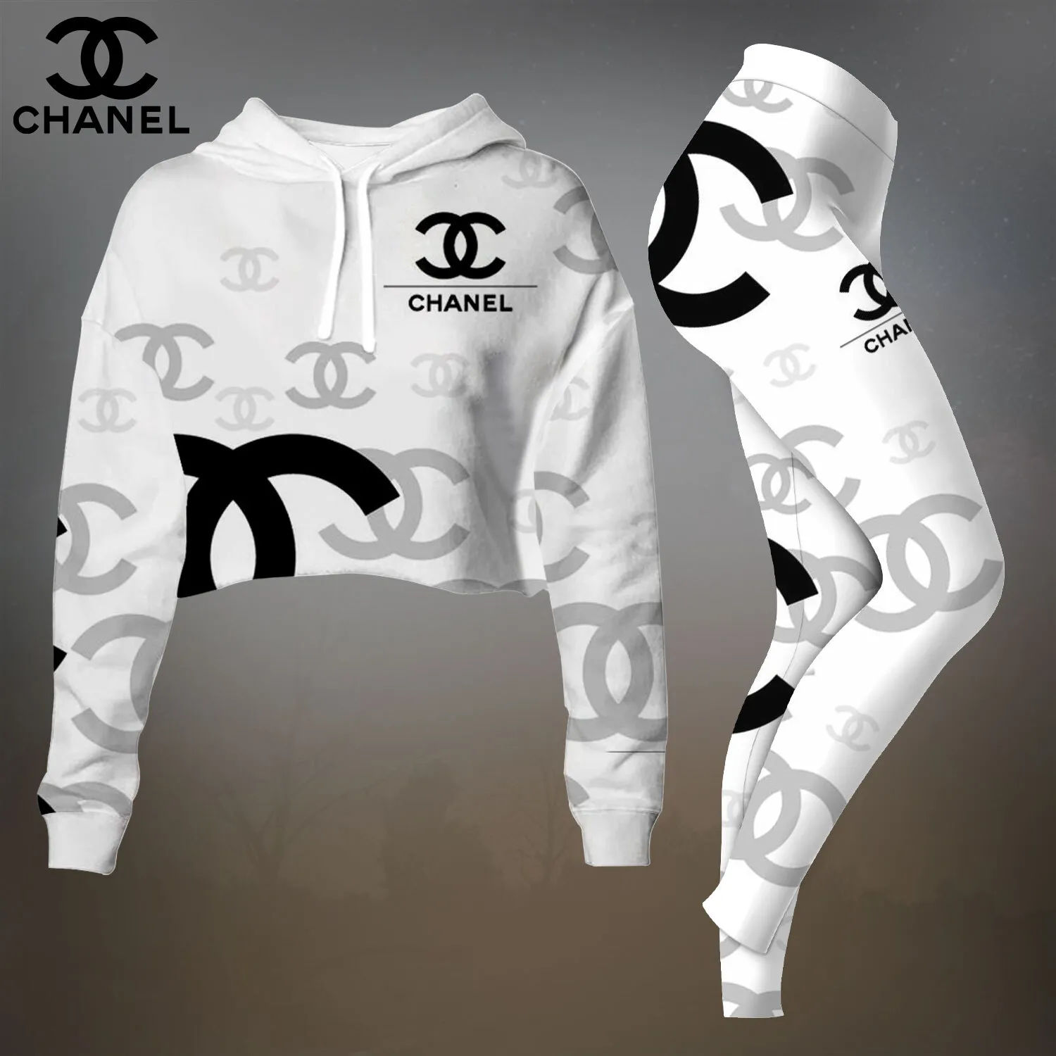 Chanel Womens Cropped Hoodie And Leggings Set  White And Black Oversized CC Logo