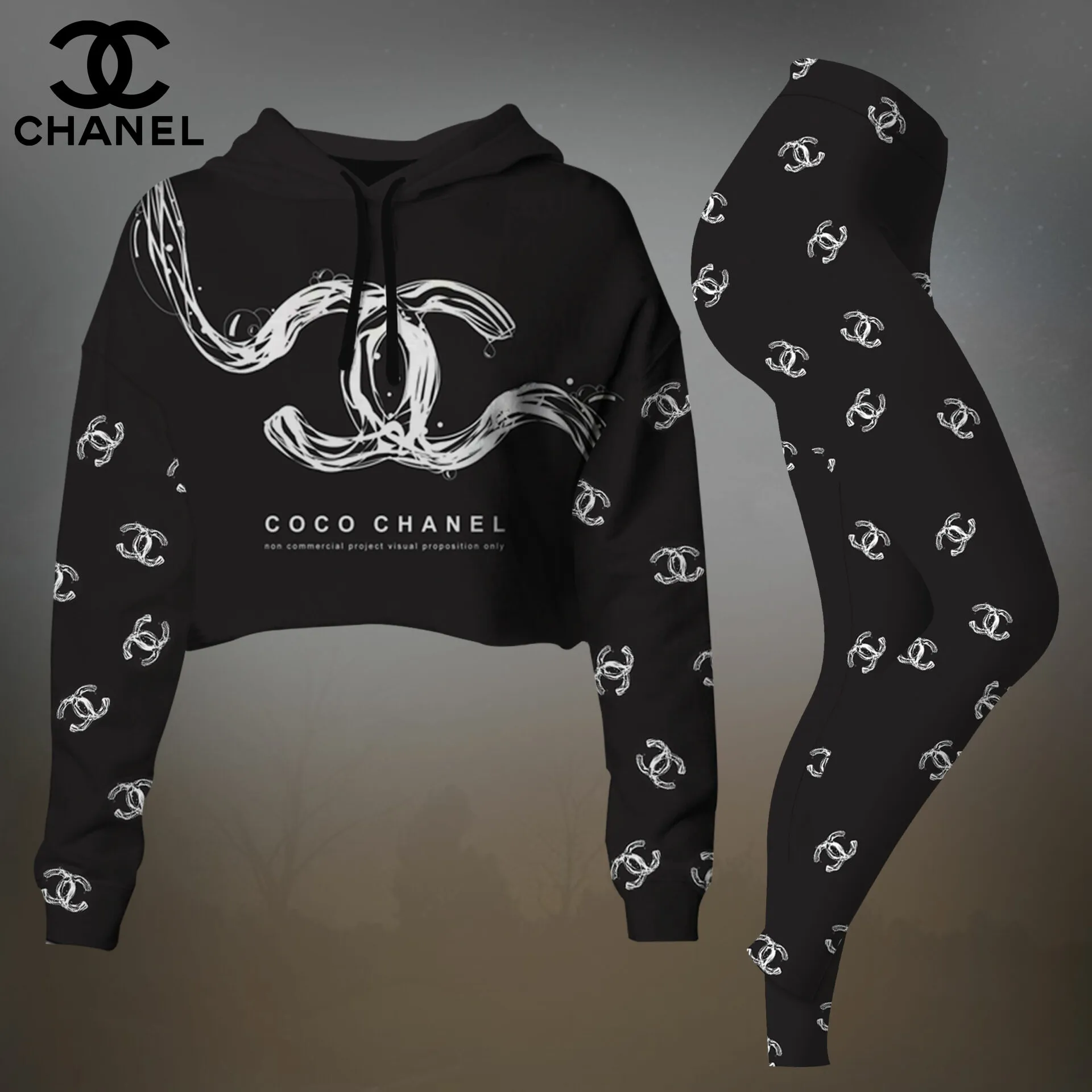 Chanel Womens Cropped Hoodie And Leggings Set  Black Artistic CC Logo Print