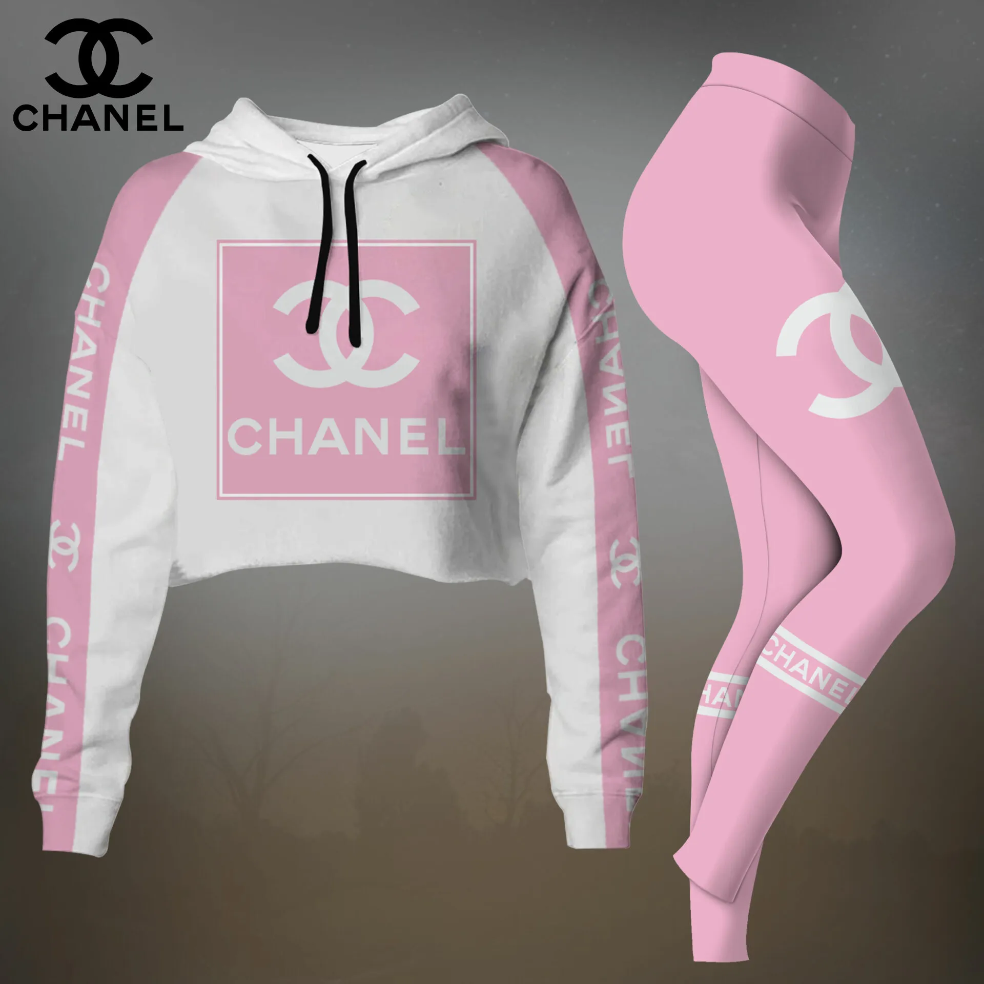 Chanel Womens Cropped Hoodie And Leggings Set  White And Pink CC Logo With Box Design
