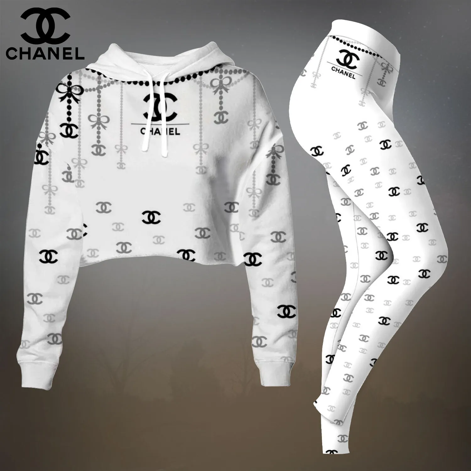 Chanel Womens Cropped Hoodie And Leggings Set  White Minimalist CC Logo Pattern