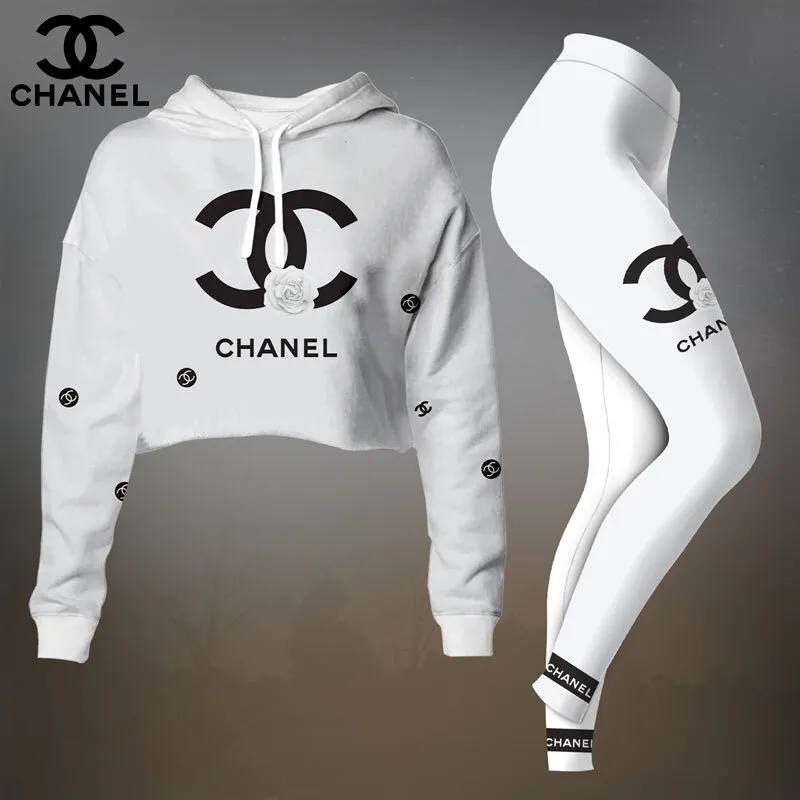 Chanel Womens Cropped Hoodie And Leggings Set  White And Black Minimal CC Logo
