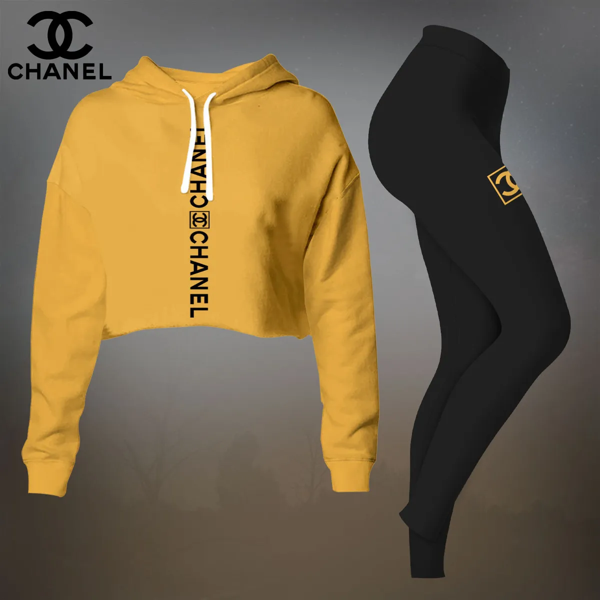 Chanel Womens Cropped Hoodie And Leggings Set  Yellow And Black CC Logo