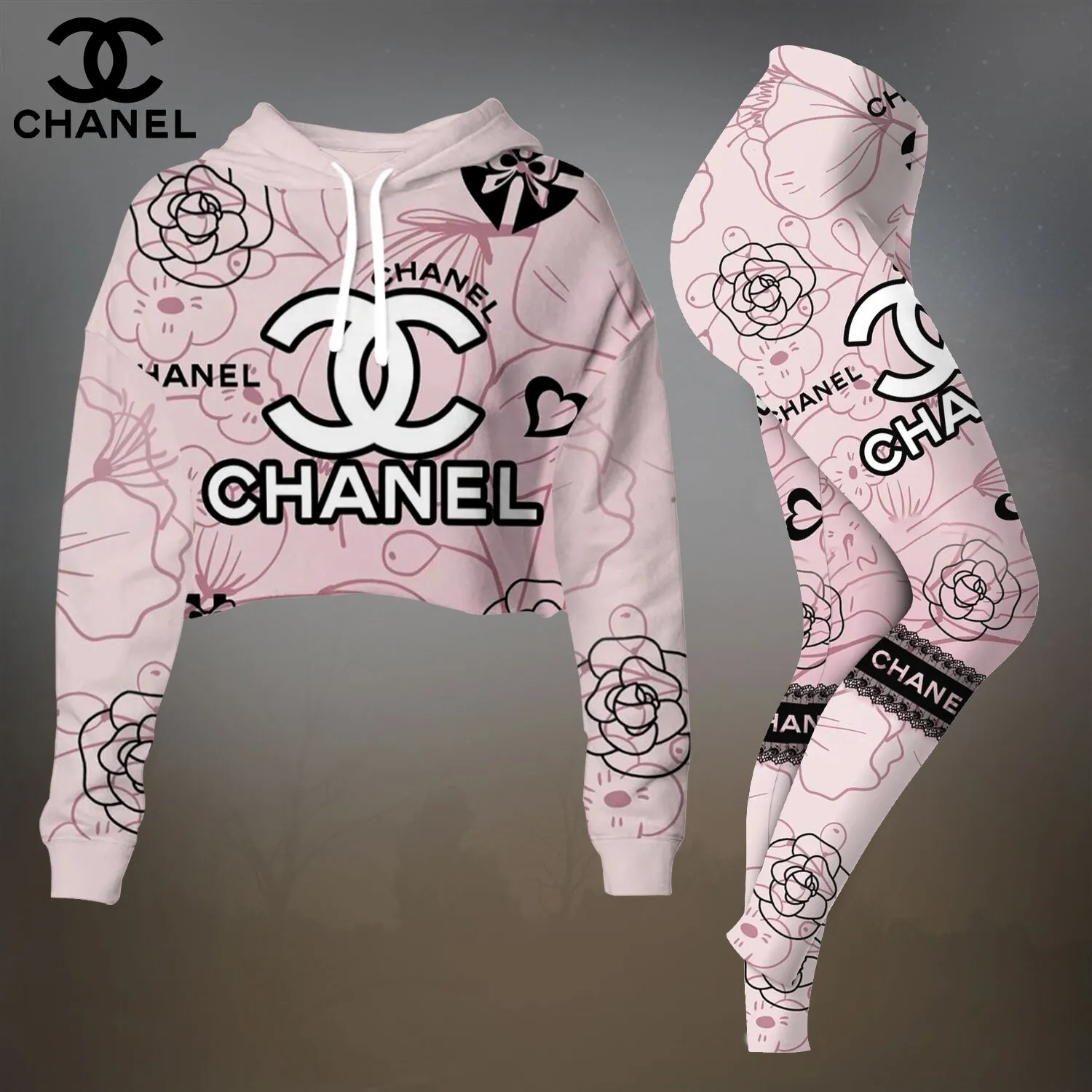 Chanel Womens Cropped Hoodie And Leggings Set  Pink Graffiti CC Logo Print