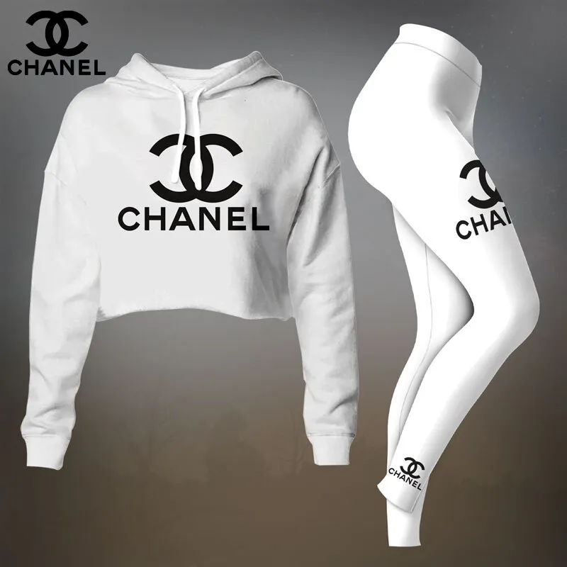 Chanel Womens Cropped Hoodie And Leggings Set  White And Black Bold CC Logo