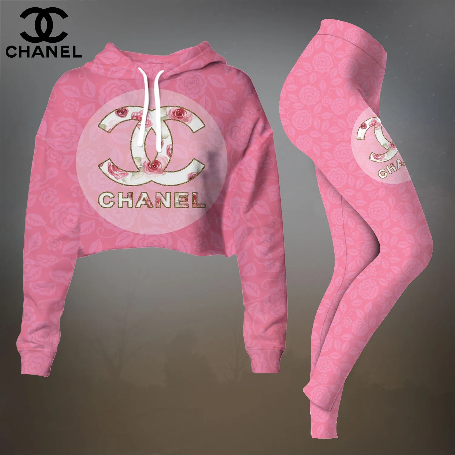 Chanel Womens Cropped Hoodie And Leggings Set  Pink Artistic Brush CC Logo