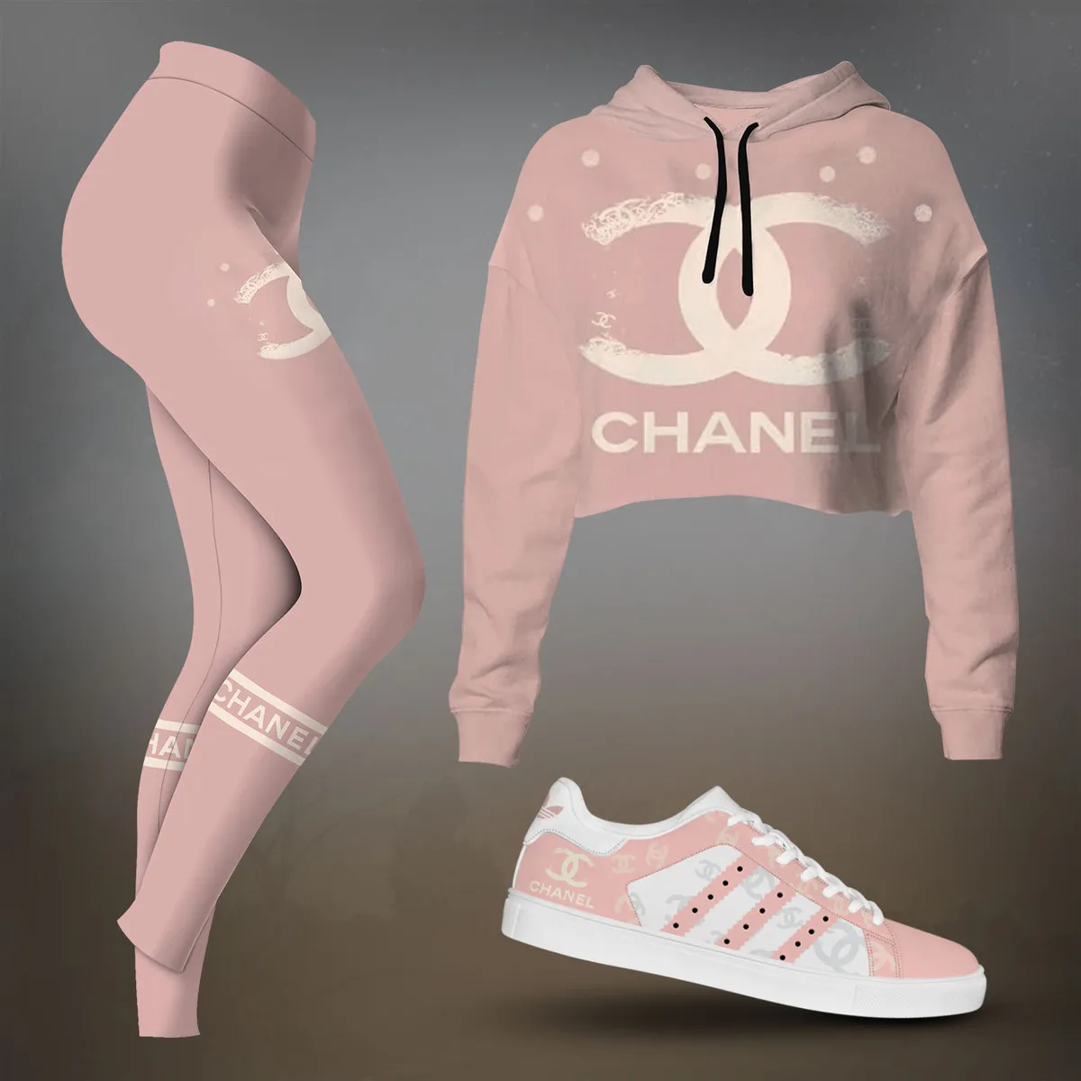 Chanel Light Pink Monogram Cropped Hoodie And Leggings Set