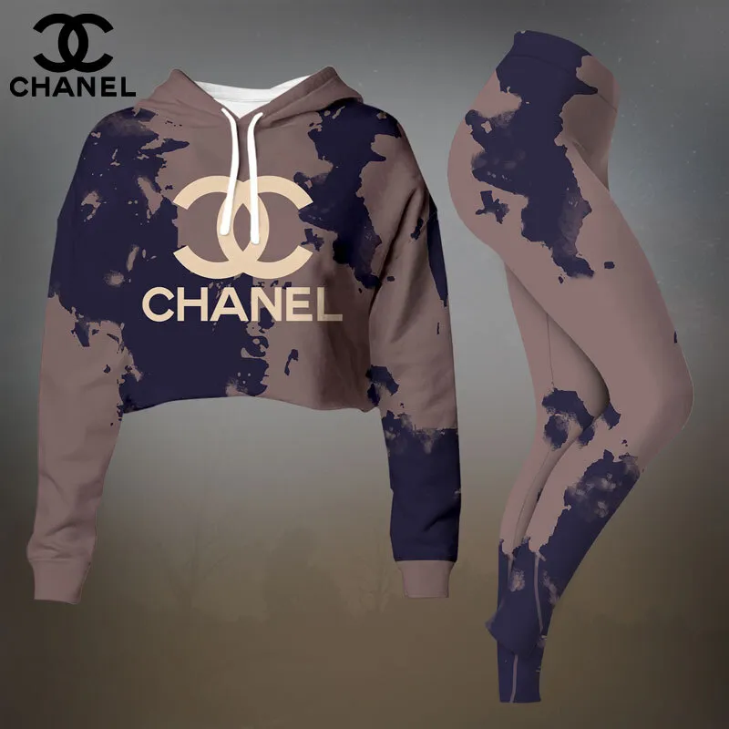 Chanel Navy Blue And Beige Camo Print Cropped Hoodie And Leggings Set