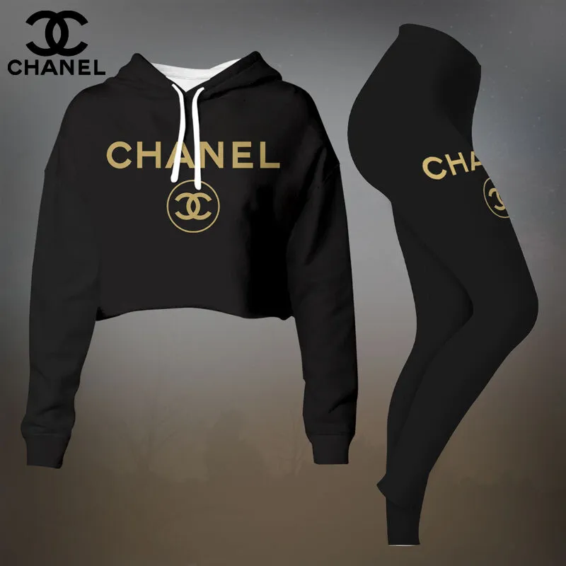 Chanel Black And Gold Minimal Cropped Hoodie And Leggings Set