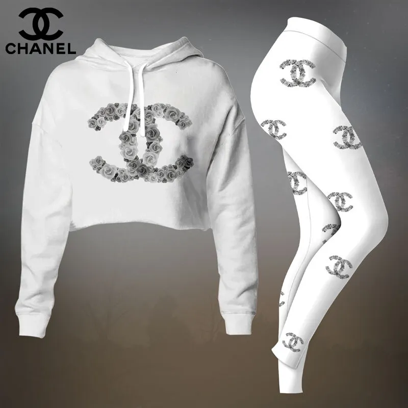 Chanel White Minimal Logo Cropped Hoodie And Leggings Set For Women
