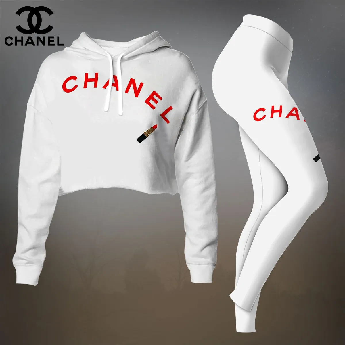 Chanel White And Red Letter Print Cropped Hoodie And Leggings Set
