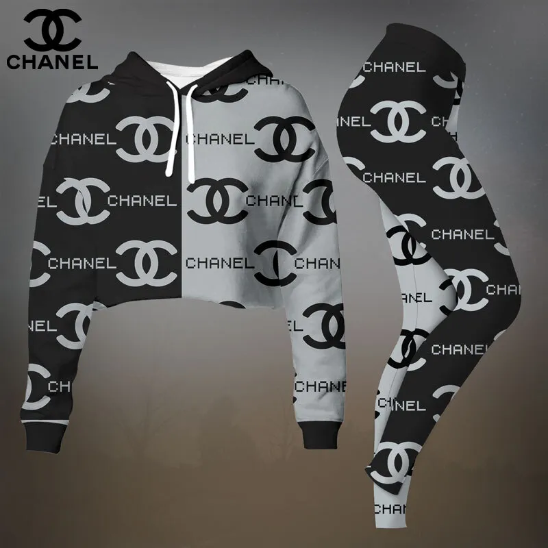 Chanel Black Monogram Pattern Cropped Hoodie And Leggings Set For Women