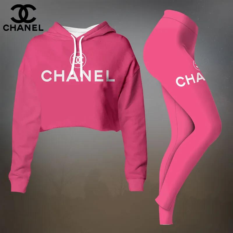 Chanel Rose Pink Solid Color Cropped Hoodie And Leggings Set