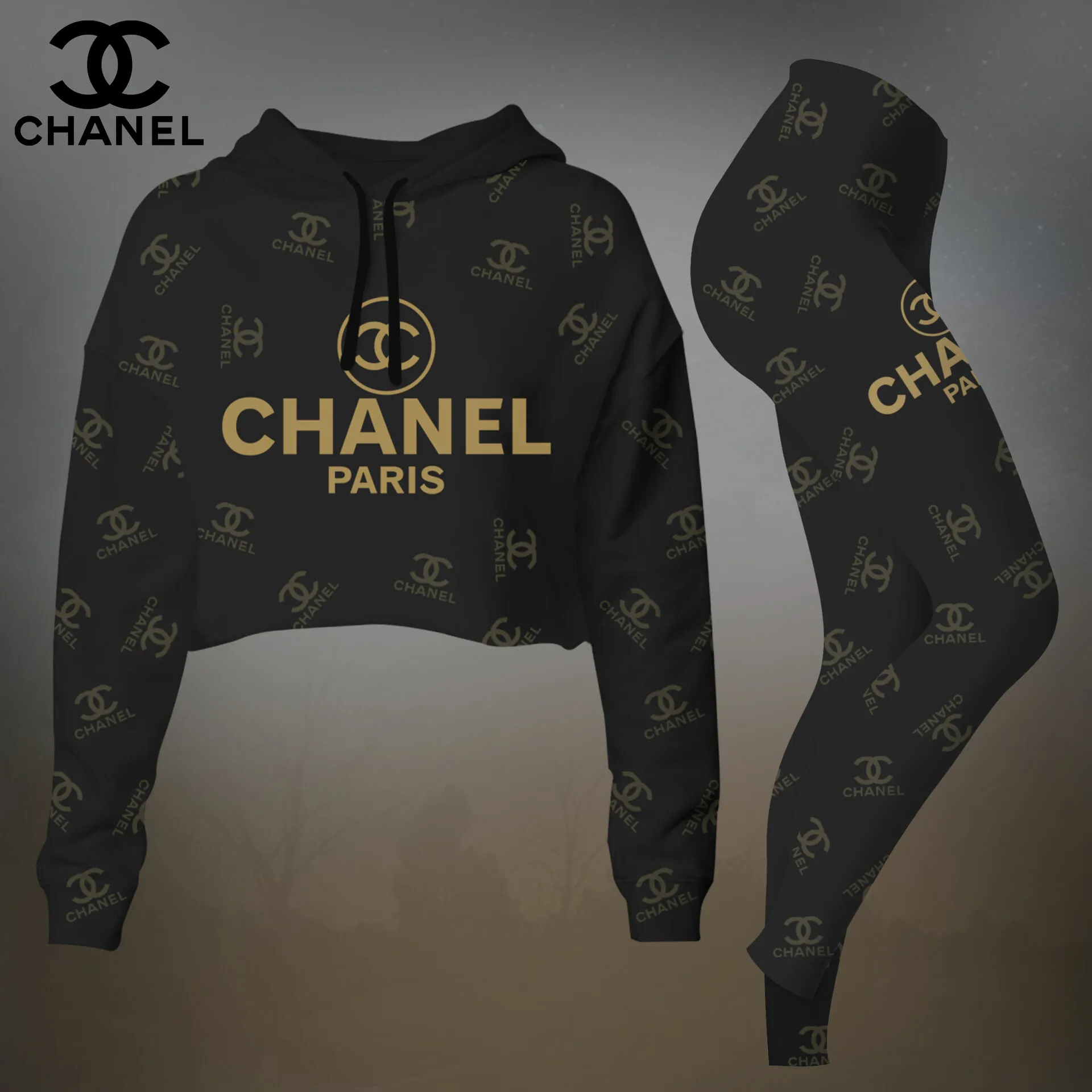 Chanel Black And Gold Paris Graphic Cropped Hoodie And Leggings Set