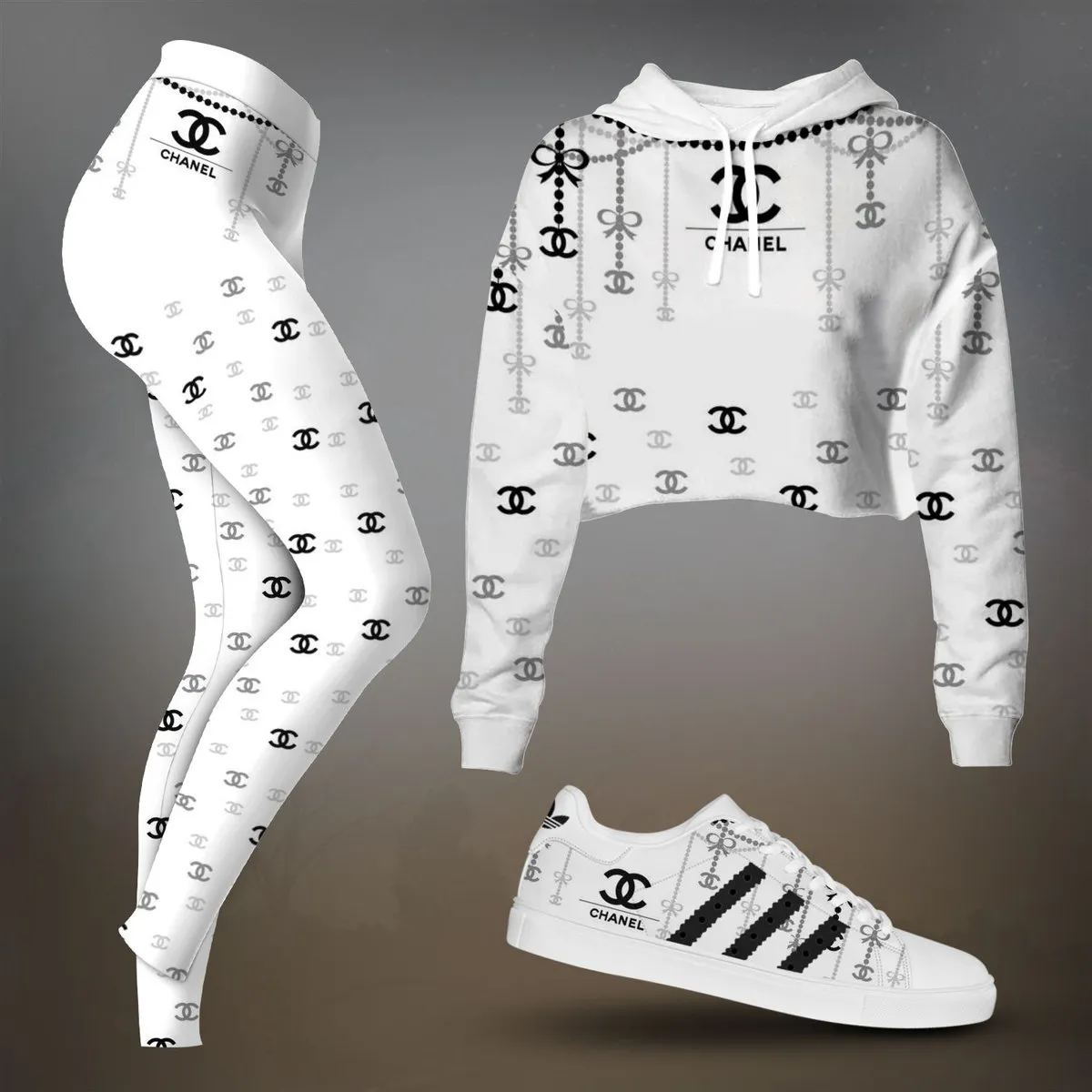 Chanel White Icon Repeat Pattern Cropped Hoodie And Leggings Set
