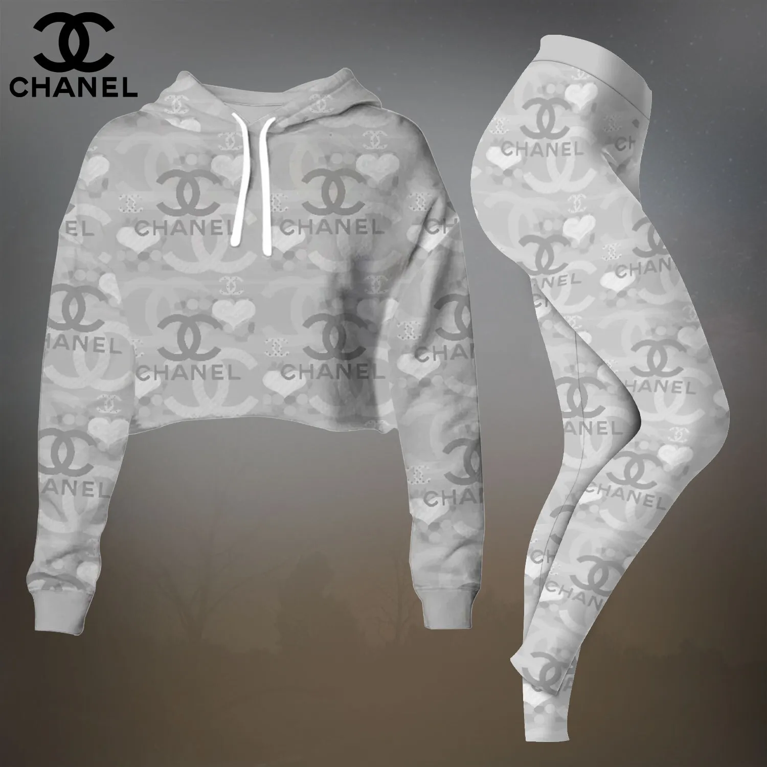 Chanel Gray All-Over Pattern Cropped Hoodie And Leggings Set For Women