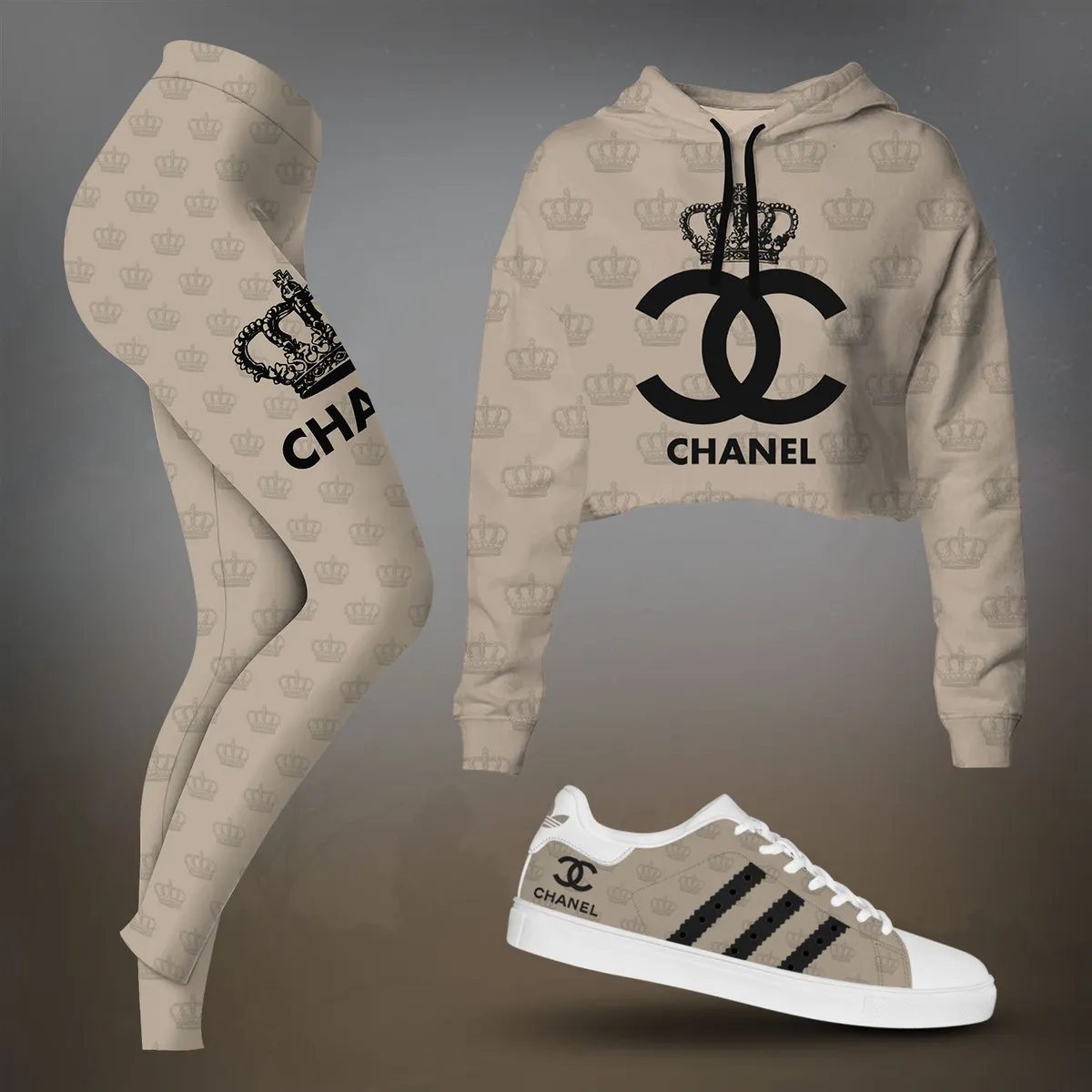 Chanel Beige Minimal Graphic Cropped Hoodie And Leggings Set