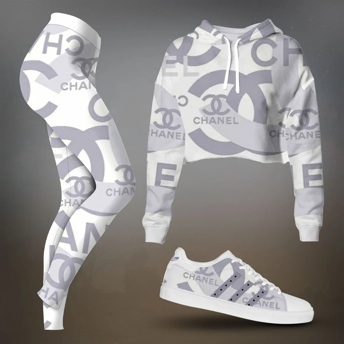 Chanel White Monogram Print Cropped Hoodie And Leggings Set