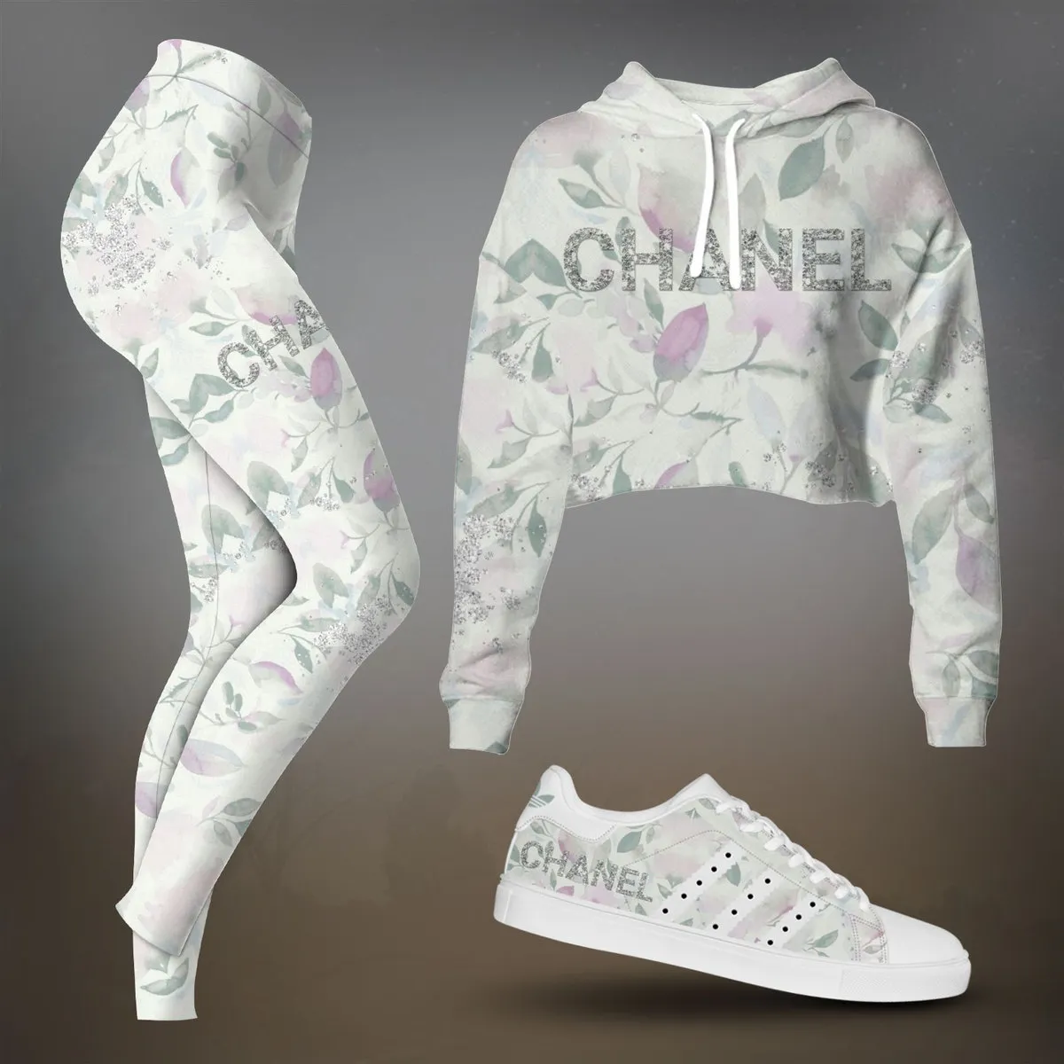 Chanel White And Green Botanical Print Cropped Hoodie And Leggings Set