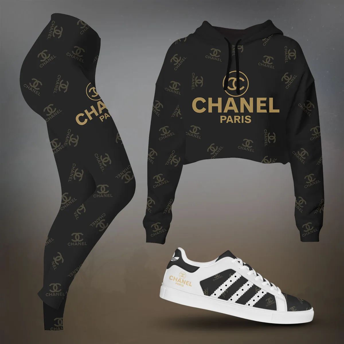 Chanel Black And Gold Floral Graphic Cropped Hoodie And Leggings Set