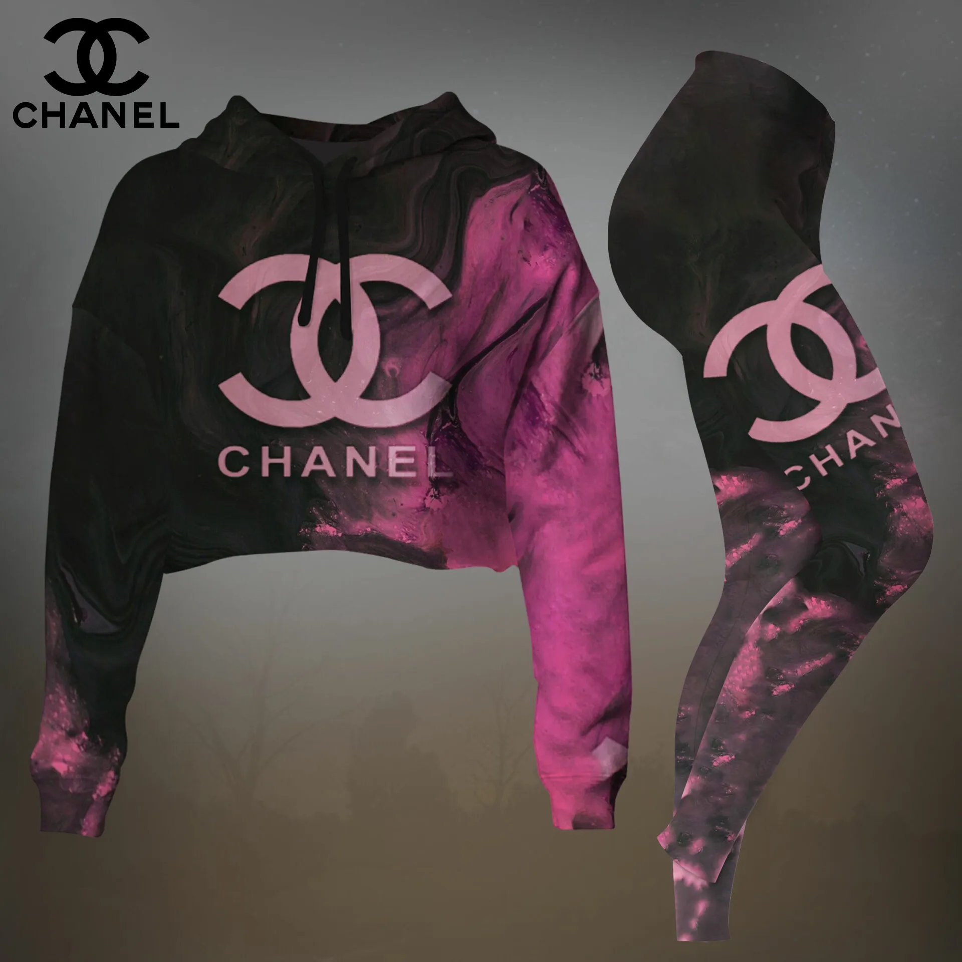 Chanel Womens Cropped Hoodie And Leggings Set  Black And Pink Split CC Logo Design