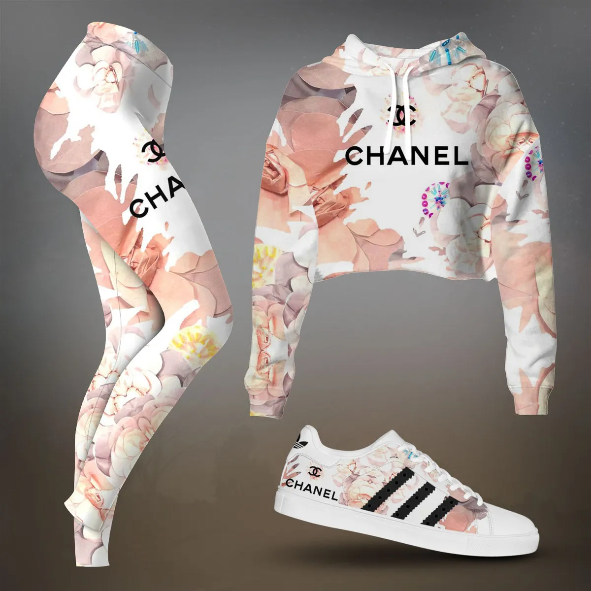 Chanel Pastel Floral Abstract Cropped Hoodie And Leggings Set