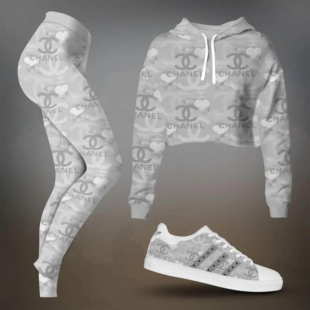 Chanel Gray Monogram Pattern Cropped Hoodie And Leggings Set