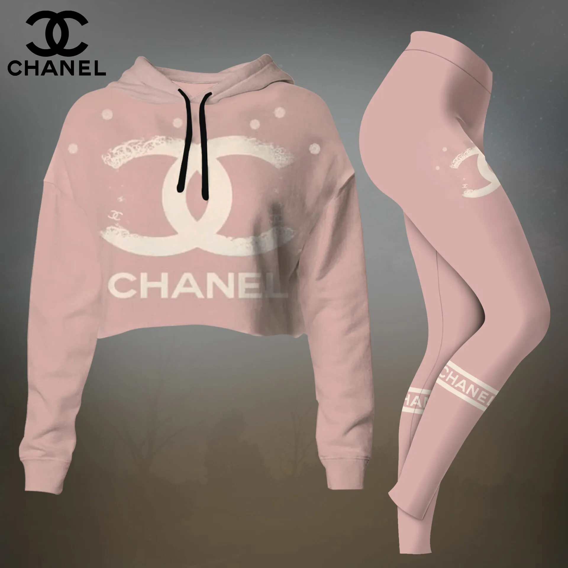 Chanel Pink Icon Graphic Cropped Hoodie And Leggings Set For Women