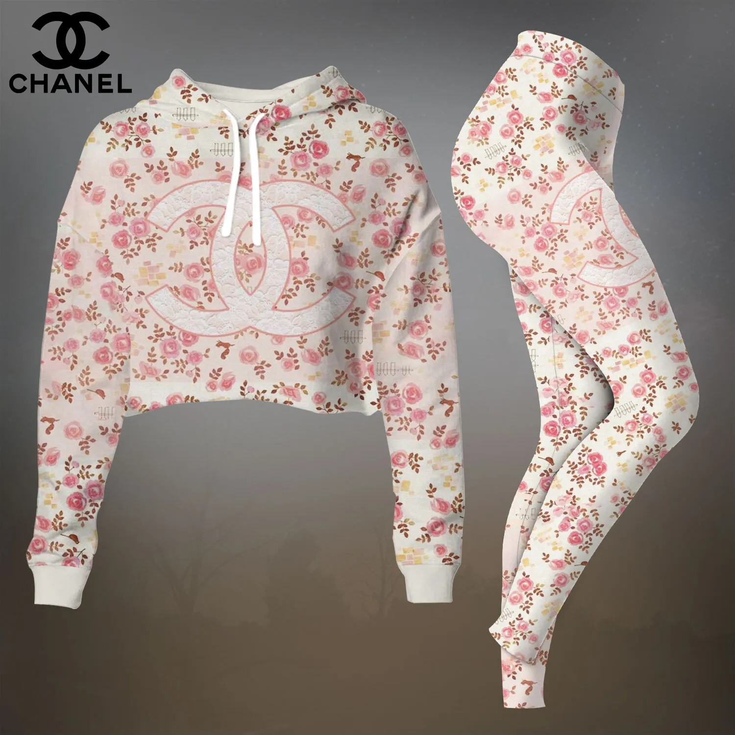 Chanel Light Pink Floral Print Cropped Hoodie And Leggings Set