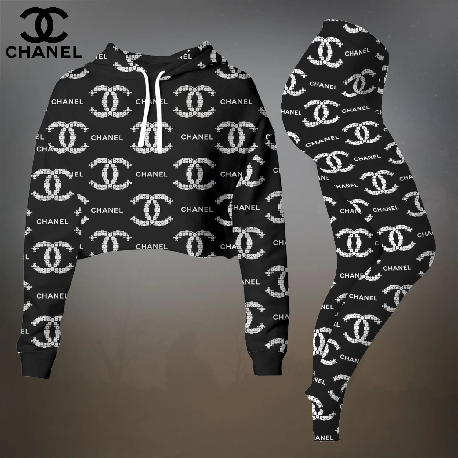 Chanel Womens Cropped Hoodie And Leggings Set  Black And White Allover CC Logo Pattern