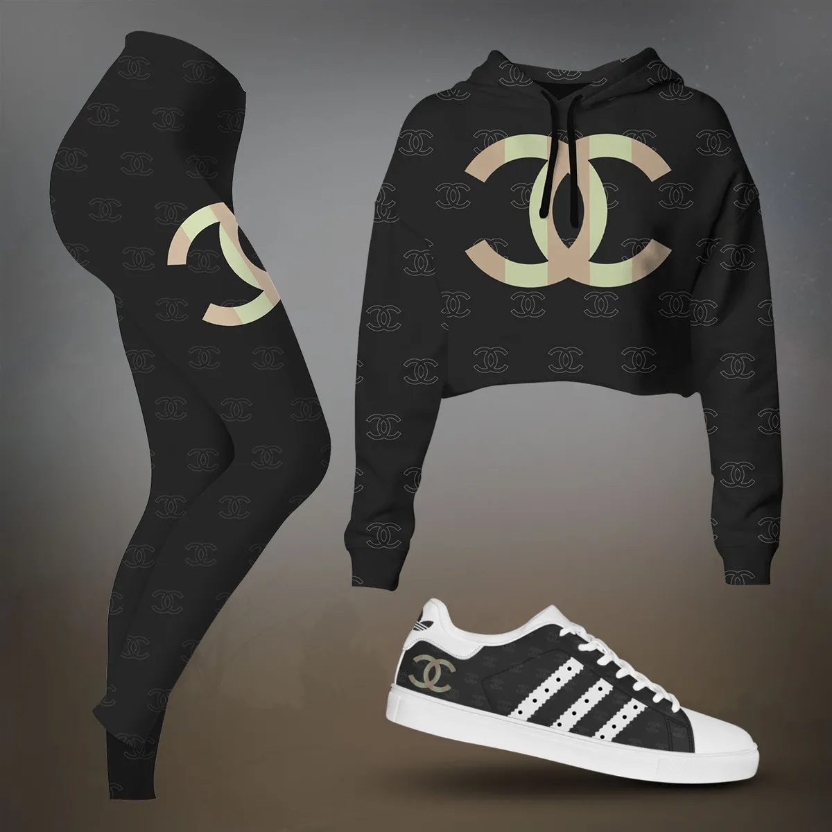 Chanel Black Oversized Icon Cropped Hoodie And Leggings Set