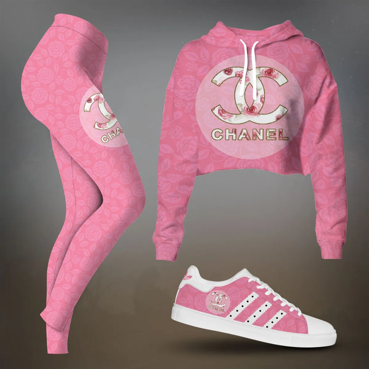 Chanel Hot Pink Solid Cropped Hoodie And Leggings Set