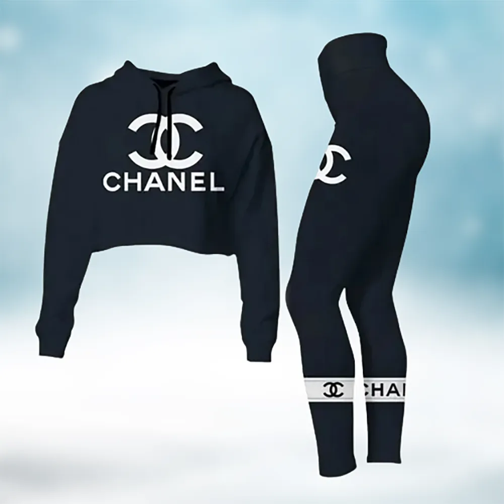 Chanel Navy Blue Minimal Logo Cropped Hoodie And Leggings Set