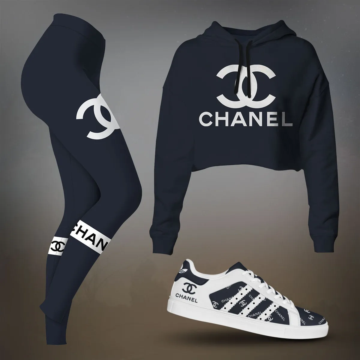 Chanel Navy Blue Minimal Graphic Cropped Hoodie And Leggings Set