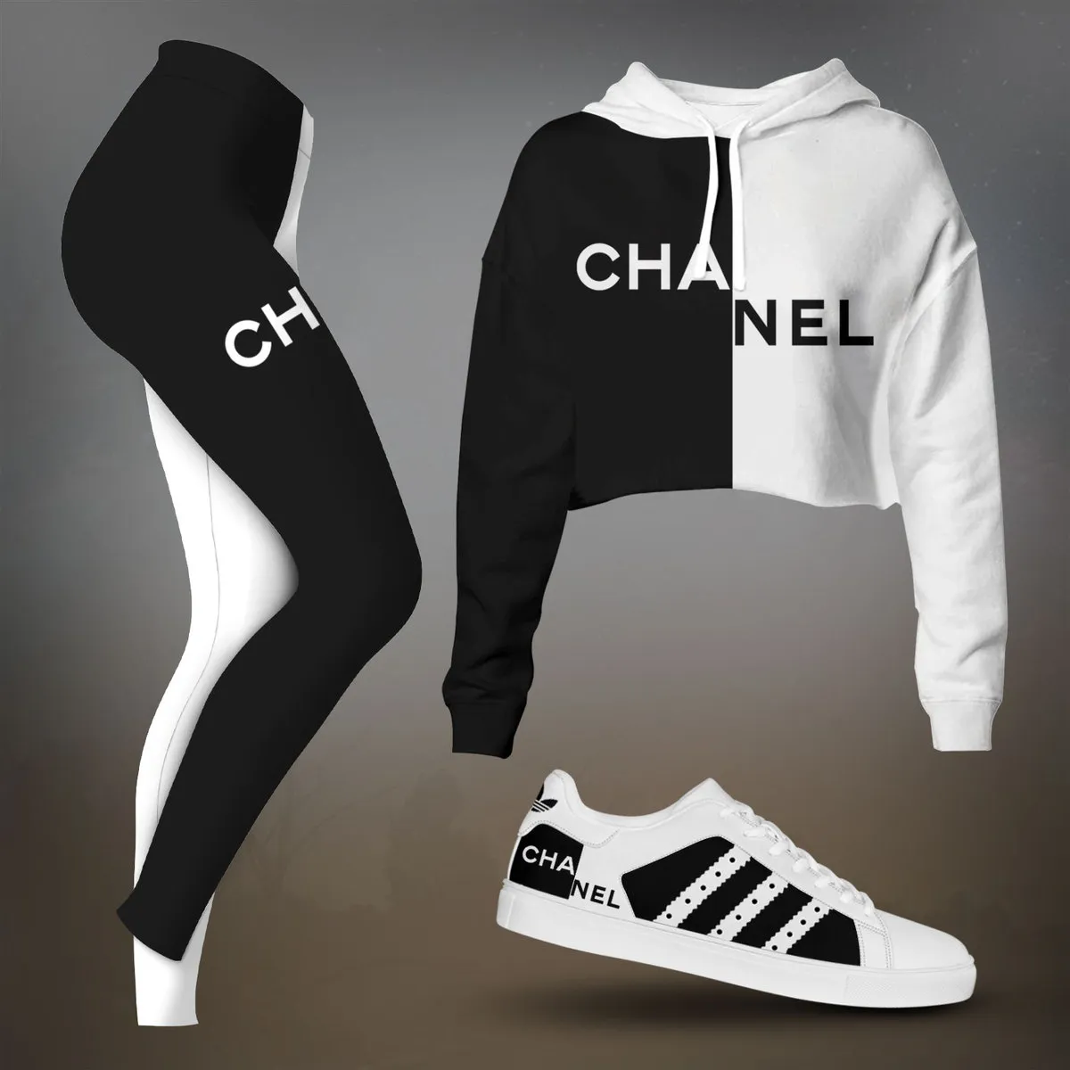 Chanel Black And White Colorblock Cropped Hoodie And Leggings Set