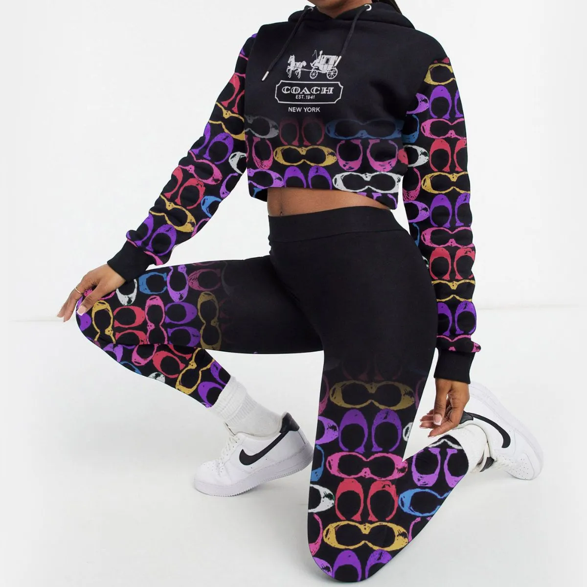 Coach Black And Purple Dot Pattern Cropped Hoodie And Leggings Set