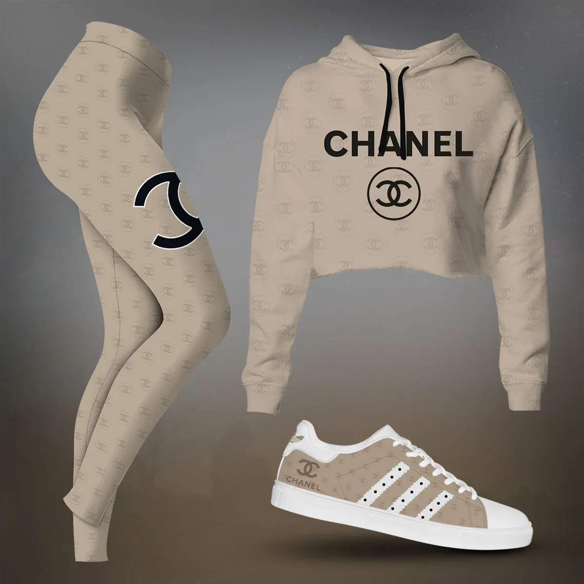 Chanel Beige Minimal Logo Cropped Hoodie And Leggings Set