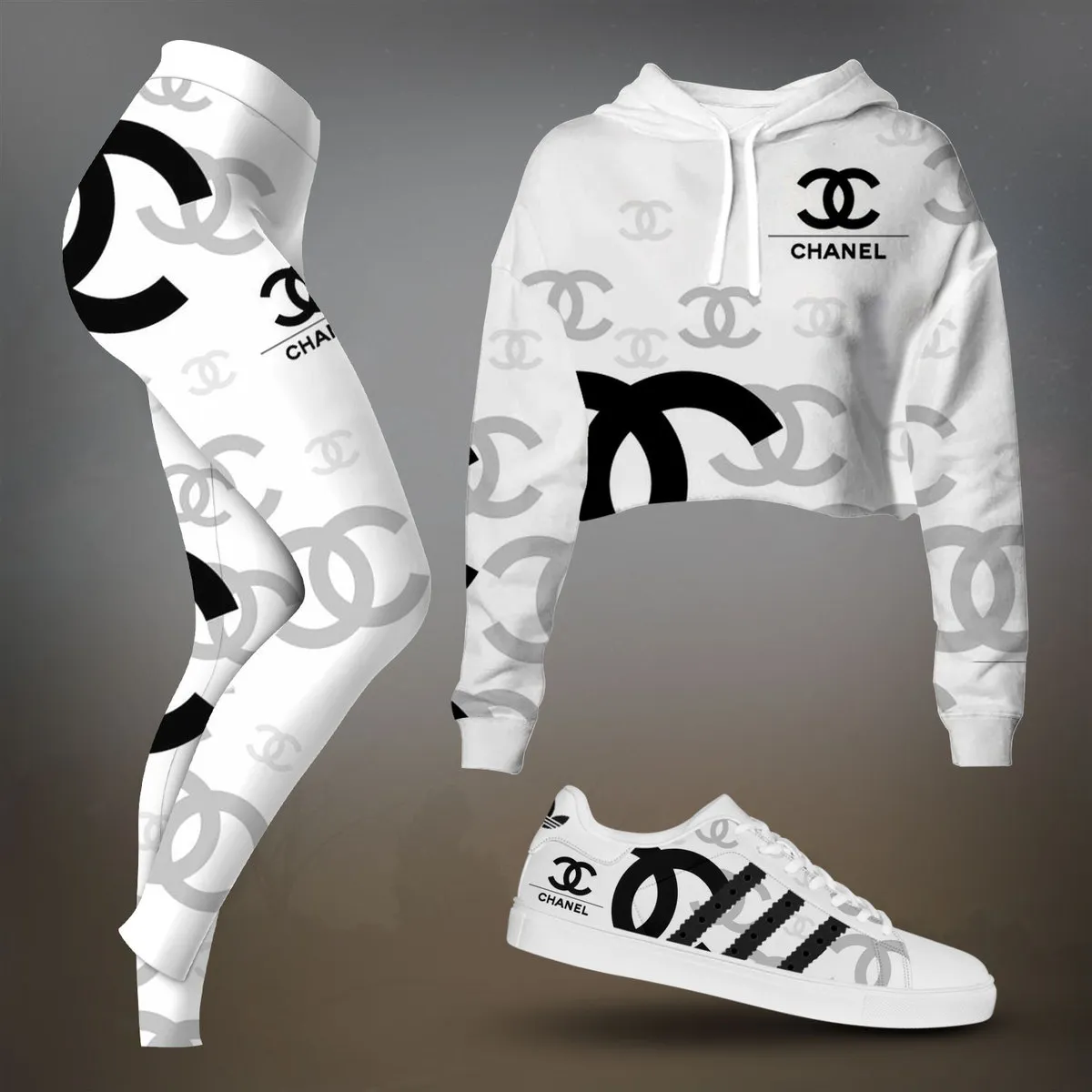 Chanel White And Black Icon Print Cropped Hoodie And Leggings Set